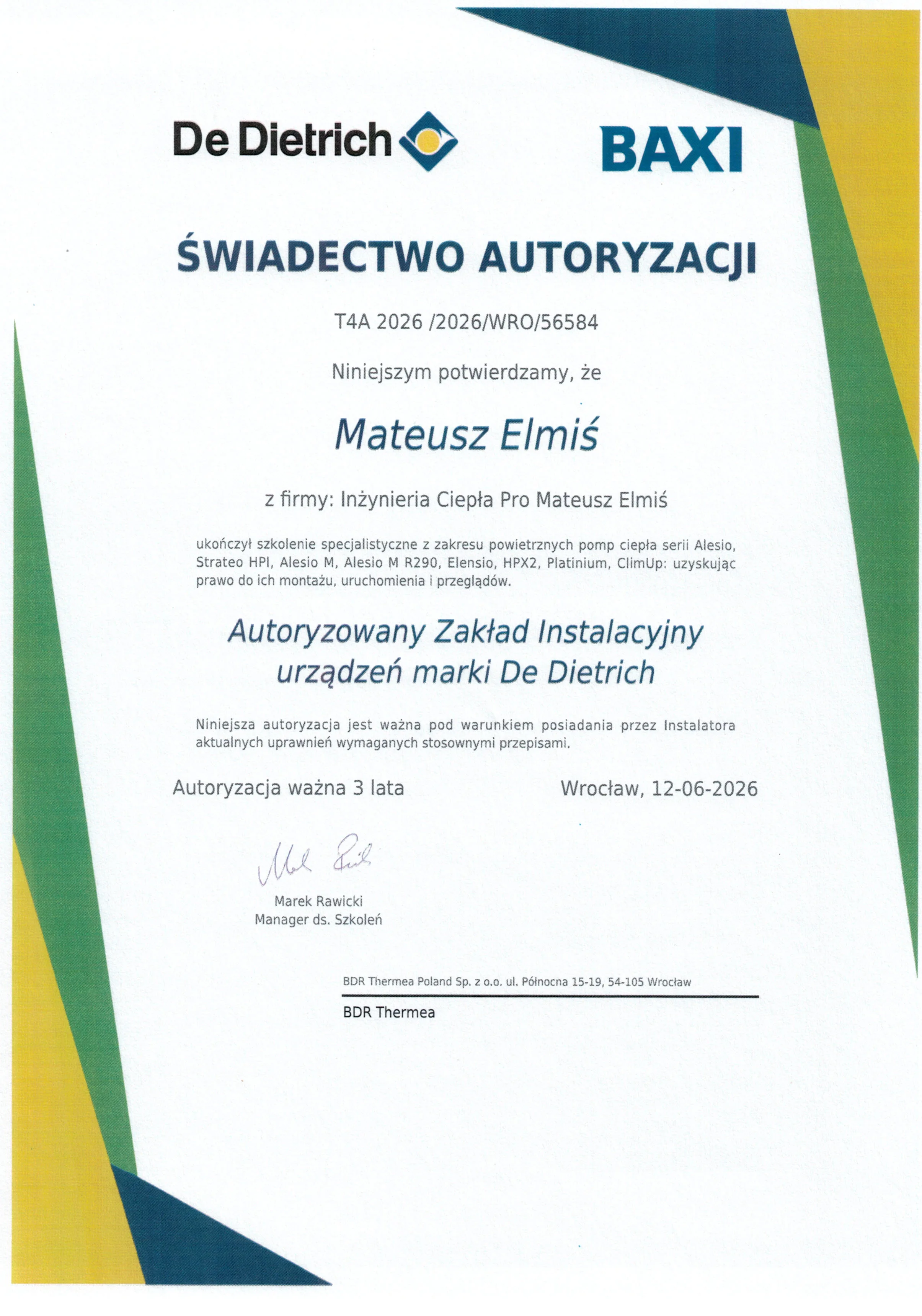 De Dietrich - świadectwo autoryzacji