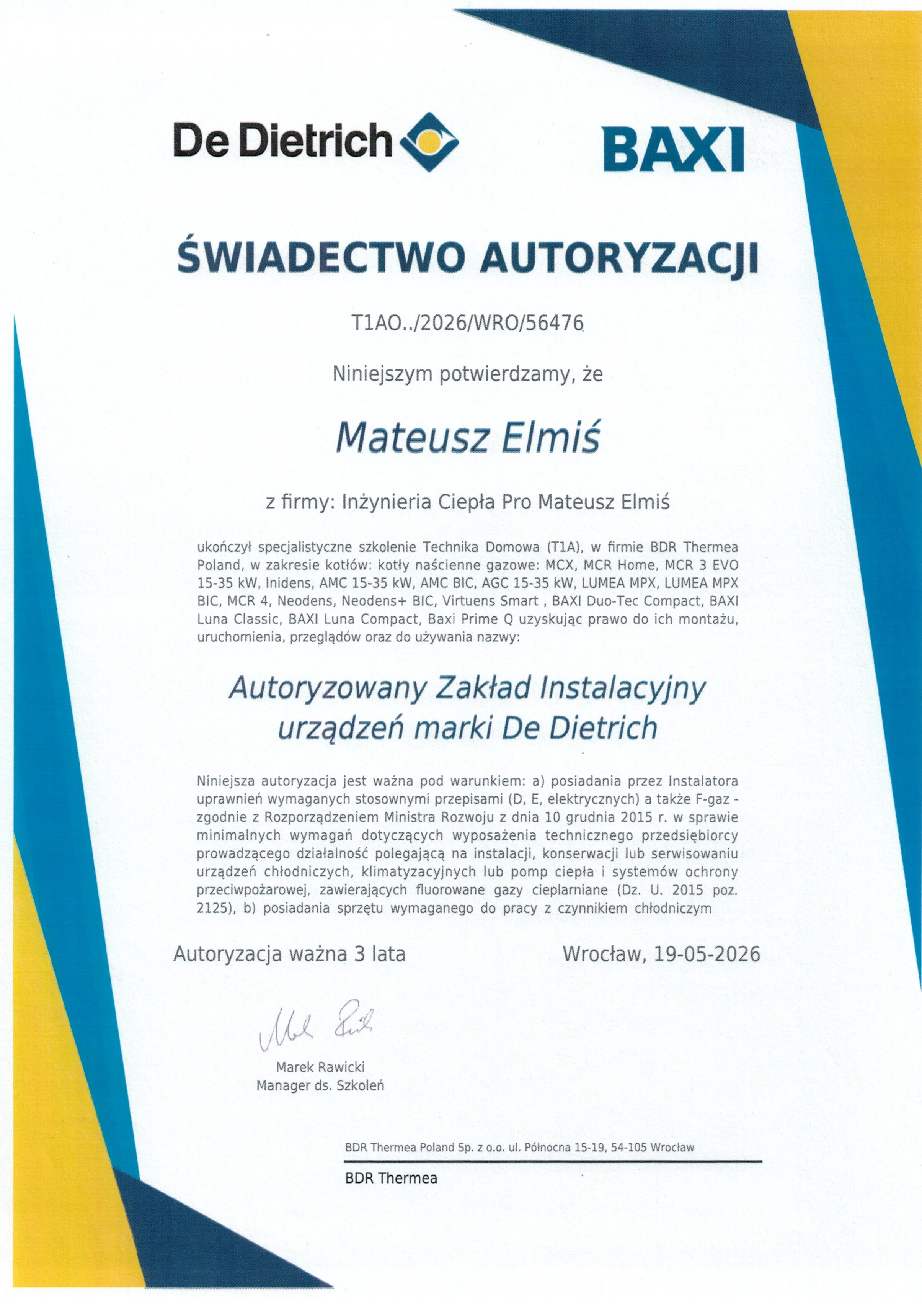 De Dietrich - świadectwo autoryzacji
